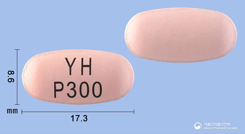 유한프레가발린서방정300밀리그램(프레가발린) 앞뒤 사진 (분홍색 타원형, 각인 YHP300)