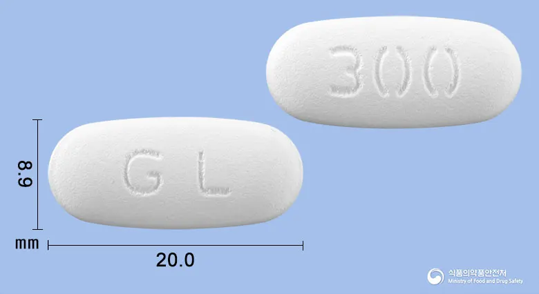 카발린CR서방정300밀리그램(프레가발린) 앞뒤 사진 (흰색 타원형, 각인 GL / 300)