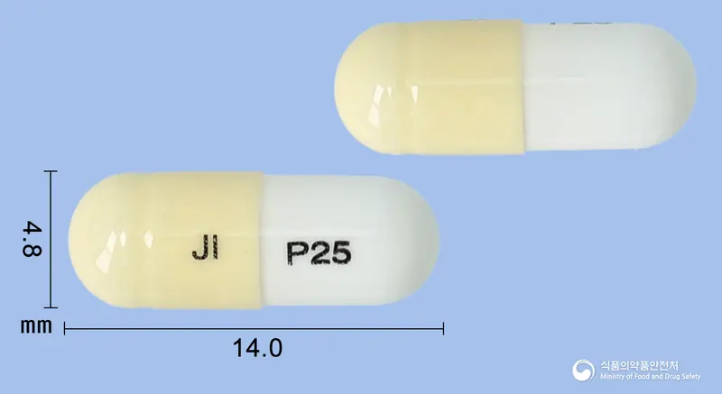 제이가바캡슐25밀리그램(프레가발린) 앞뒤 사진 (노란색 캡슐, 각인 JI P25)