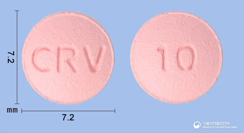 크레라토정10mg(로수바스타틴칼슘) 앞뒤 사진 (분홍색 원형, 각인 CRV / 10)