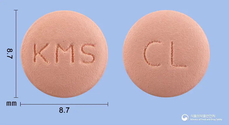 케라픽스정(클로피도그렐황산수소염) 앞뒤 사진 (분홍색 원형, 각인 KMS / CL)