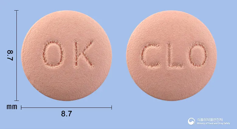플라킴정75mg(클로피도그렐황산수소염) 앞뒤 사진 (분홍색 원형, 각인 OK / CLO)