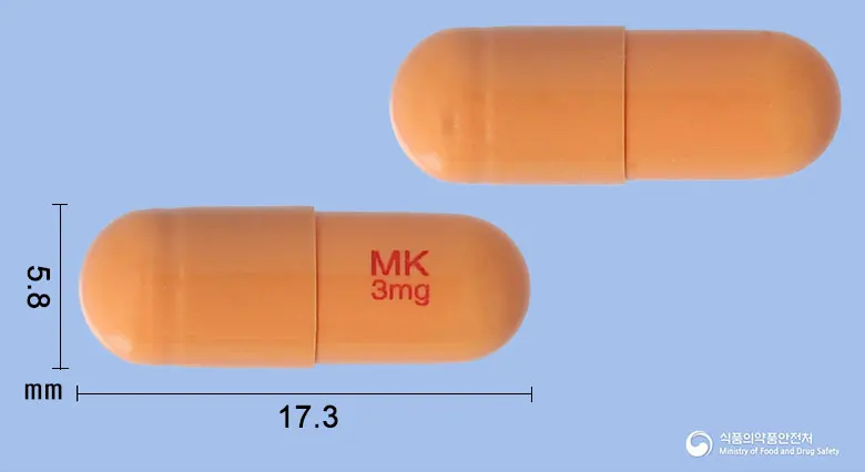 리바마인캡슐3밀리그램(리바스티그민타르타르산염) 앞뒤 사진 (주황색 캡슐, 각인 MK3mg)