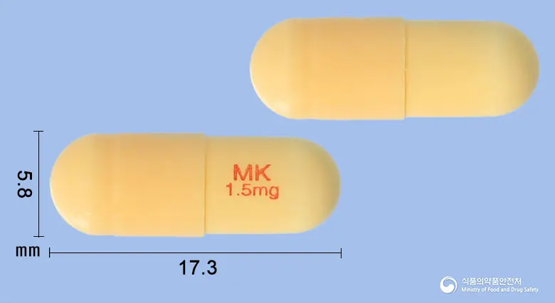 리바마인캡슐1.5밀리그램(리바스티그민타르타르산염) 앞뒤 사진 (노란색 캡슐, 각인 MK1.5mg)