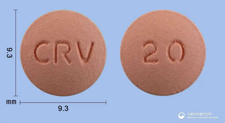 크레라토정20mg(로수바스타틴칼슘) 앞뒤 사진 (분홍색 원형, 각인 CRV / 20)