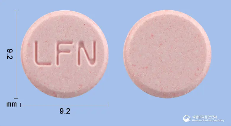 프로록소펜정(록소프로펜나트륨수화물) 앞뒤 사진 (분홍색 원형, 각인 LFN)