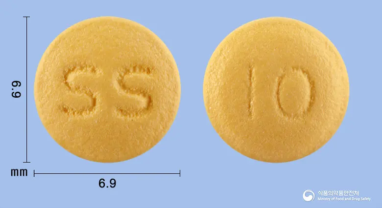 삼성라베프라졸정10mg(라베프라졸나트륨) 앞뒤 사진 (노란색 원형, 각인 SS / I0)