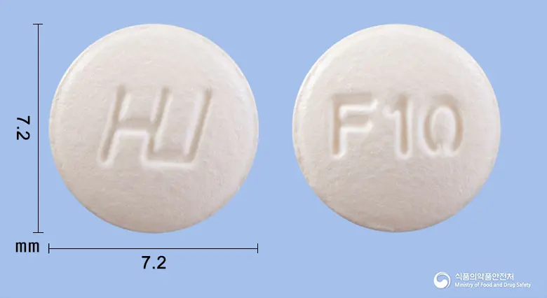솔나신정10mg(솔리페나신숙신산염) 앞뒤 사진 (분홍색 원형, 각인 F10)