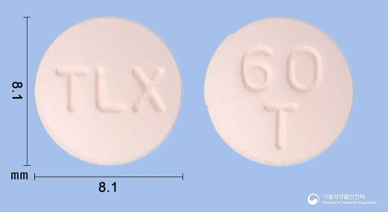 티카렉스정60밀리그램(티카그렐러) 앞뒤 사진 (분홍색 원형, 각인 TLX / 60T)