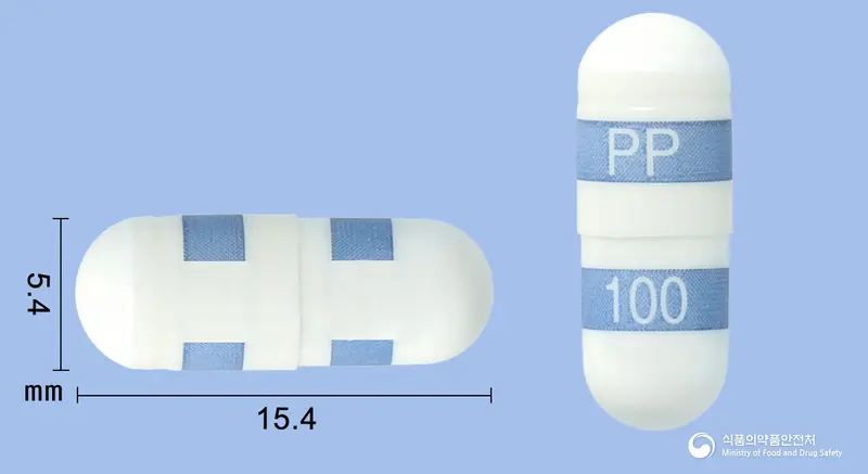 세레벡스캡슐100밀리그램(세레콕시브) 앞뒤 사진 (흰색·파란색 캡슐, 각인 PP 100)