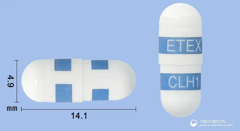 쎄레민캡슐100밀리그램(세레콕시브) 앞뒤 사진 (흰색·파란색 캡슐, 각인 ETEX CLH1)