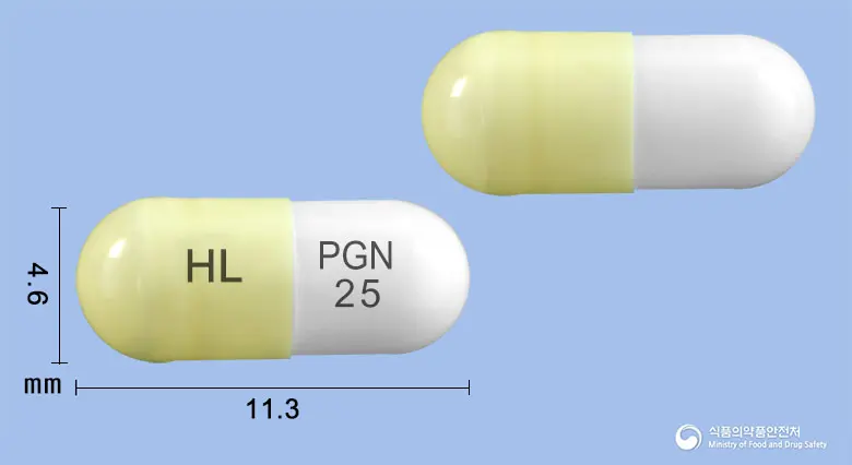 가바뉴로캡슐25밀리그램(프레가발린) 앞뒤 사진 (노란색 캡슐, 각인 HL PGN 25)