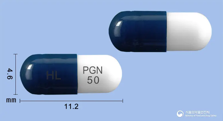 가바뉴로캡슐50밀리그램(프레가발린) 앞뒤 사진 (남색 캡슐, 각인 HL PGN 50)