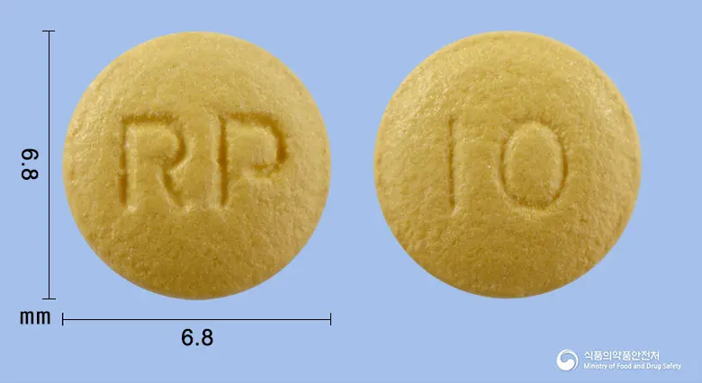 알피라베정10mg(라베프라졸나트륨) 앞뒤 사진 (노란색 원형, 각인 RP / 10)