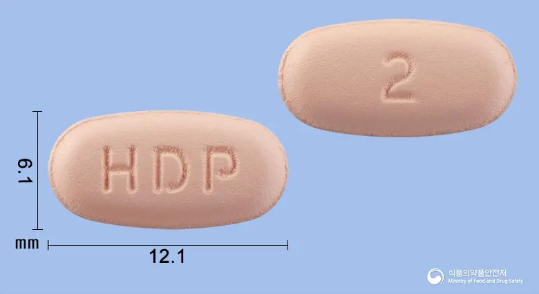 현대로피니롤서방정2밀리그램(로피니롤염산염) 앞뒤 사진 (분홍색 타원형, 각인 HDP / 2)