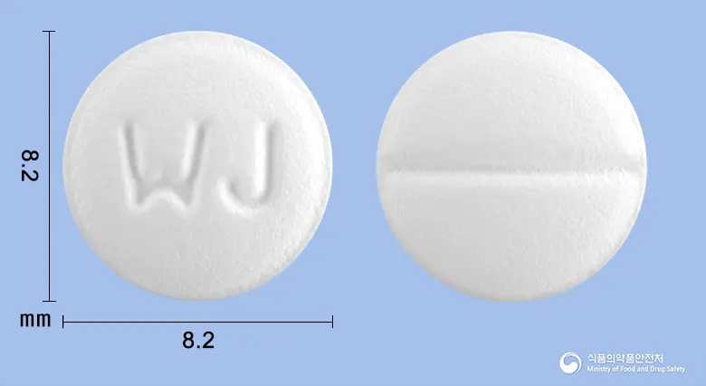 에피나정20mg(에피나스틴염산염) 앞뒤 사진 (흰색 원형, 각인 WJ)
