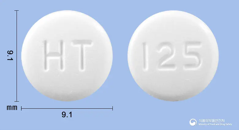 라니텐정125mg(테르비나핀염산염) 앞뒤 사진 (흰색 원형, 각인 HT / 125)