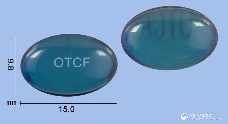 옵티코프연질캡슐 앞뒤 사진 (파란색·투명 캡슐, 각인 OTCF)