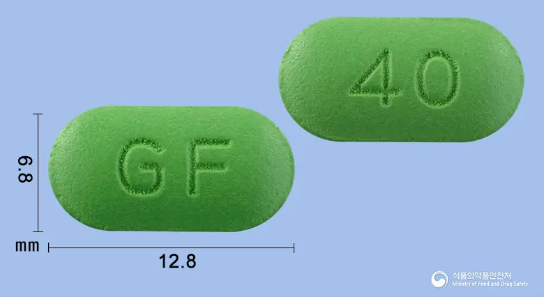 징코에프정40mg(은행엽건조엑스) 앞뒤 사진 (연두색 장방형, 각인 GF / 40)