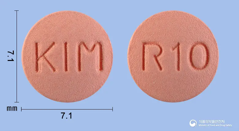 로수박정10mg(로수바스타틴칼슘) 앞뒤 사진 (분홍색 원형, 각인 KIM / R10)