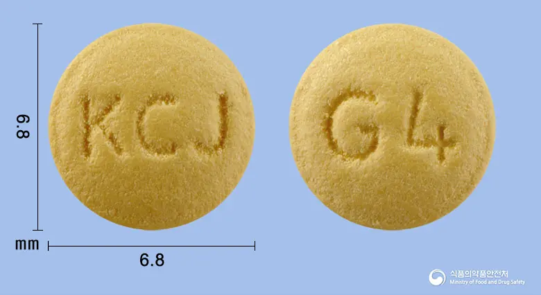 라프라이트정10mg(라베프라졸나트륨) 앞뒤 사진 (노란색 원형, 각인 KCJ / G4)