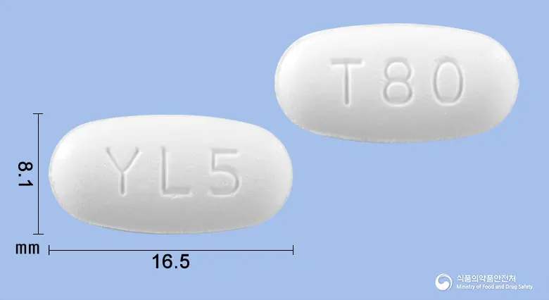 텔로트윈정80/5밀리그램 앞뒤 사진 (흰색 타원형, 각인 YL5 / T80)