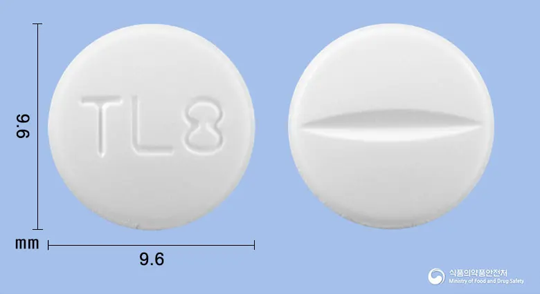 텔리토정80mg(텔미사르탄) 앞뒤 사진 (흰색 원형, 각인 TL8)