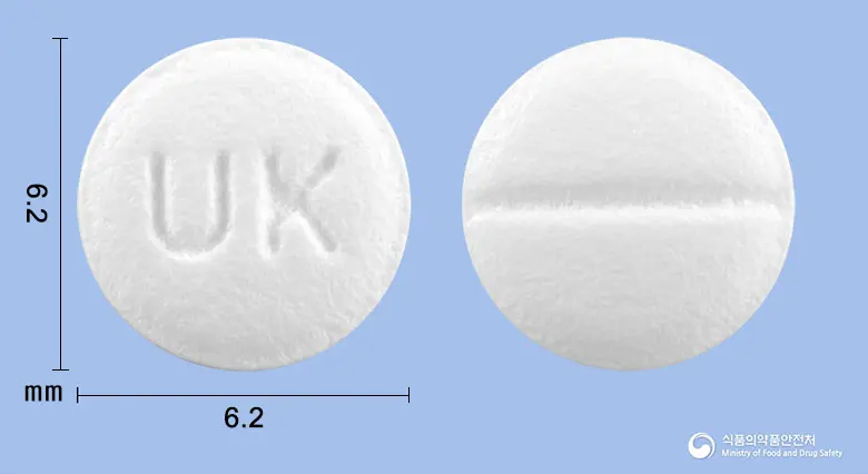 유니에피정10밀리그램(에피나스틴염산염) 앞뒤 사진 (흰색 원형, 각인 UK)