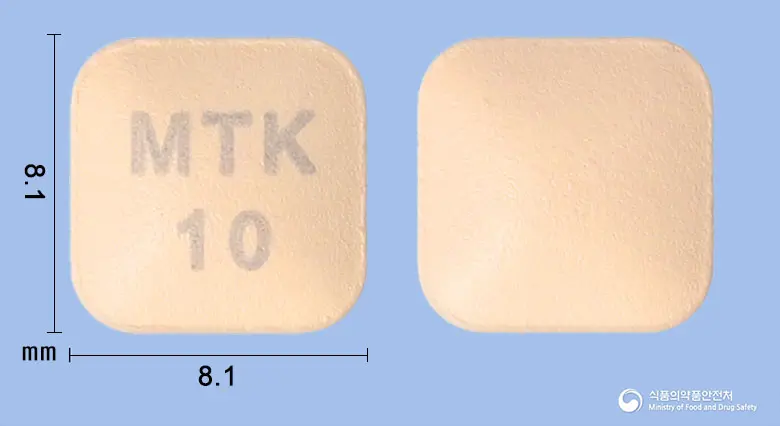 몬테원정10mg(몬테루카스트나트륨) 앞뒤 사진 (분홍색 사각형, 각인 MTK10)