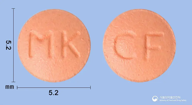 퀘티아핀정25밀리그램(쿠에티아핀푸마르산염) 앞뒤 사진 (분홍색 원형, 각인 MK / CF)