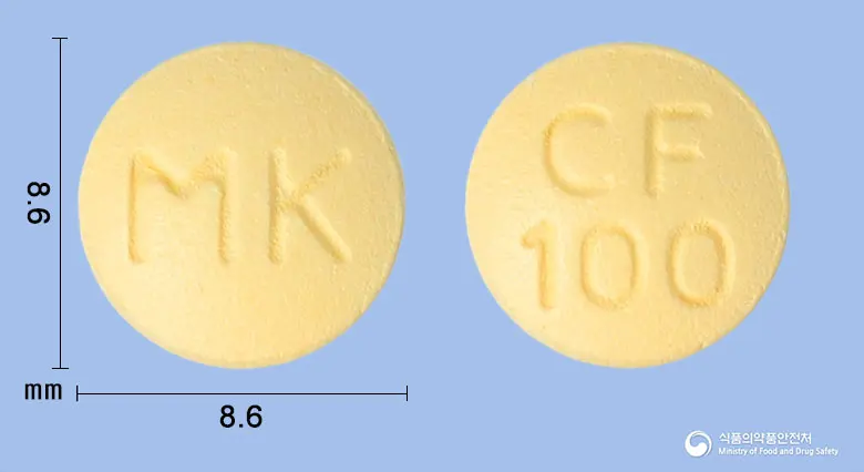 퀘티아핀정100밀리그램(쿠에티아핀푸마르산염) 앞뒤 사진 (노란색 원형, 각인 MK / CF100)