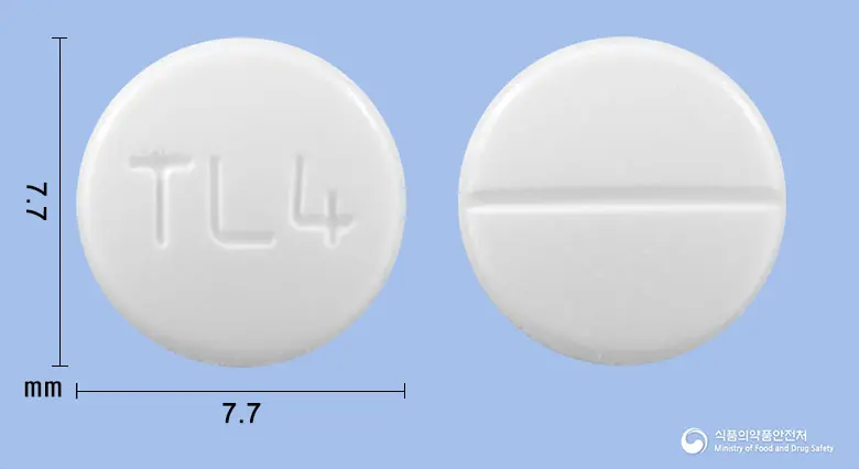 텔리토정40mg(텔미사르탄) 앞뒤 사진 (흰색 원형, 각인 TL4)