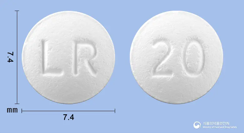 리피테롤정20mg(아토르바스타틴칼슘삼수화물) 앞뒤 사진 (흰색 원형, 각인 LR / 20)