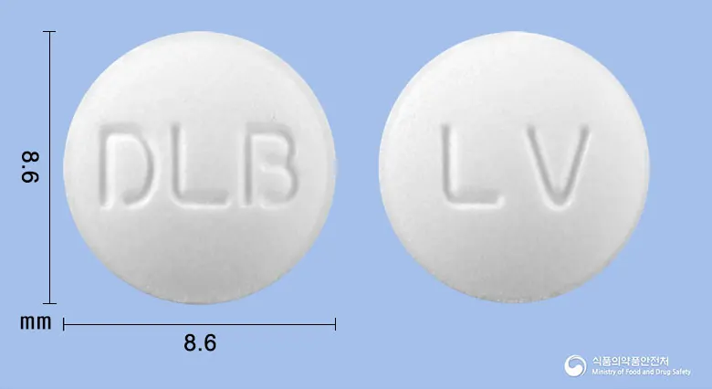독립레보드로프로피진정 앞뒤 사진 (흰색 원형, 각인 DLB / LV)
