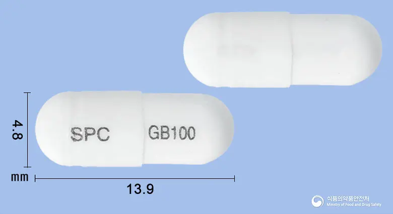 서울가바펜틴캡슐100밀리그램 앞뒤 사진 (흰색 캡슐, 각인 SPC GB100)