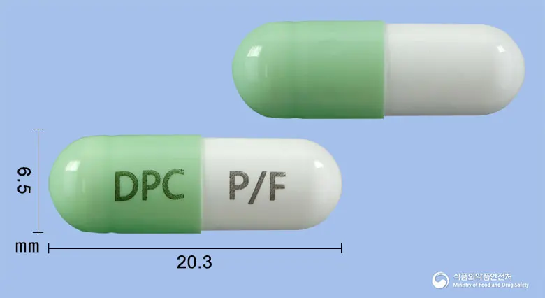 피에프캡슐 앞뒤 사진 (연두색 캡슐, 각인 DPC P/F)