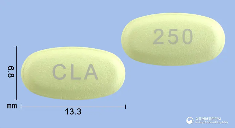클래정250mg(클래리트로마이신) 앞뒤 사진 (연두색 타원형, 각인 CLA / 250)