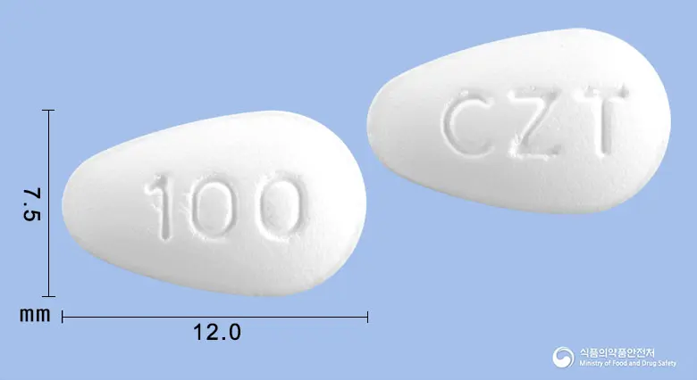 코자로탄정100mg(로사르탄칼륨) 앞뒤 사진 (흰색 기타, 각인 100 / CZT)