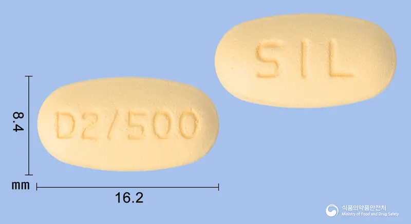 트라글립틴듀오정2.5/500mg 앞뒤 사진 (주황색 타원형, 각인 D2/500 / SIL)