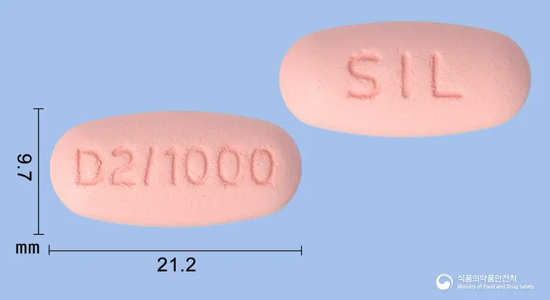 트라글립틴듀오정2.5/1000mg 앞뒤 사진 (분홍색 타원형, 각인 D2/1000 / SIL)