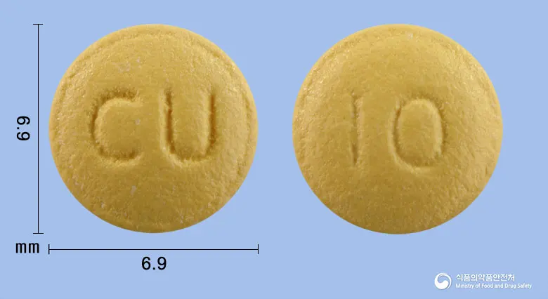뉴라베정10mg(라베프라졸나트륨) 앞뒤 사진 (노란색 원형, 각인 CU / I0)