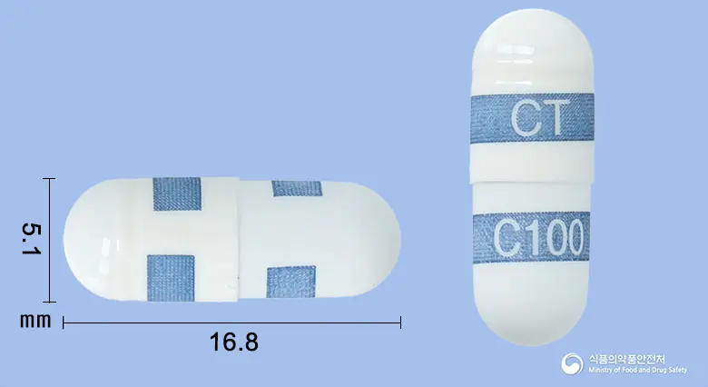 씨트렉스캡슐100밀리그램(세레콕시브) 앞뒤 사진 (흰색·파란색 캡슐, 각인 CT C100)