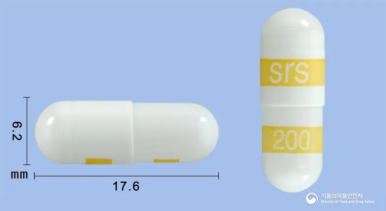 델콕스캡슐200밀리그램(세레콕시브) 앞뒤 사진 (흰색 캡슐, 각인 srs200)