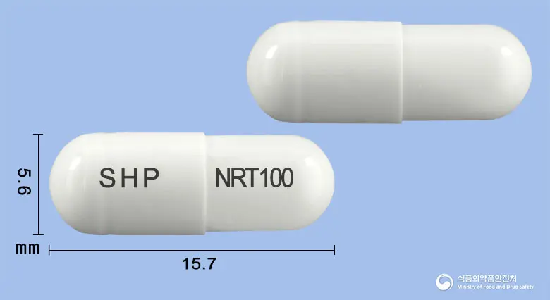 뉴론텍캡슐100밀리그램(가바펜틴) 앞뒤 사진 (흰색 캡슐, 각인 SHP NRT100)