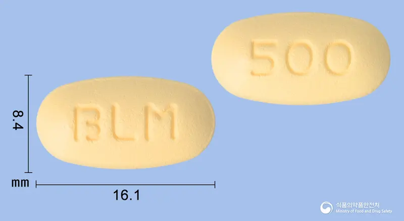 트루리나엠정2.5/500mg(리나글립틴,메트포르민염산염) 앞뒤 사진 (주황색 타원형, 각인 BLM / 500)