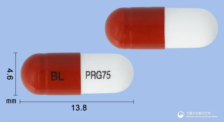 비엘프레가캡슐75mg(프레가발린) 앞뒤 사진 (빨간색 캡슐, 각인 BL PRG75)