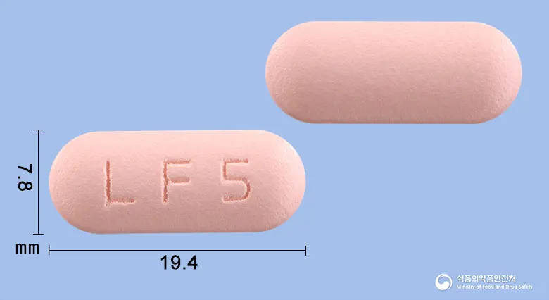 유로펜타정500mg(레보플록사신수화물) 앞뒤 사진 (분홍색 장방형, 각인 LF5)