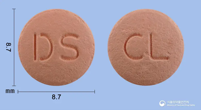 동성클로피도그렐정(클로피도그렐황산염) 앞뒤 사진 (분홍색 원형, 각인 DS / CL)