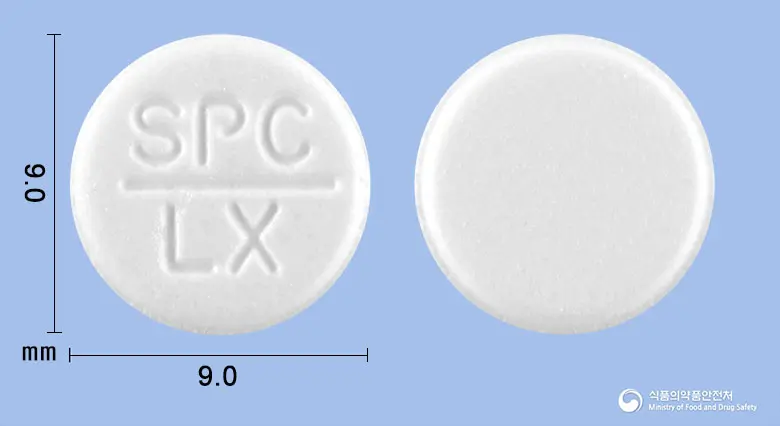 에스록펜정(록소프로펜나트륨수화물) 앞뒤 사진 (흰색 원형, 각인 SPC LX)