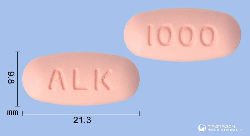리나티젠듀오정2.5/1000밀리그램 앞뒤 사진 (분홍색 타원형, 각인 ΛLK / 1000)